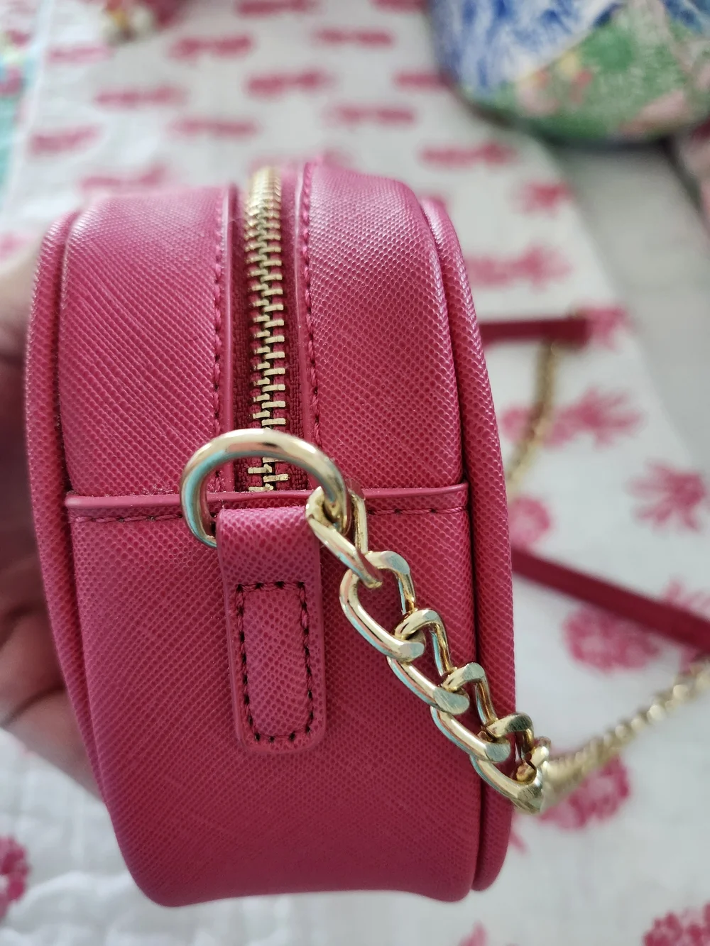 Hot Pink Crossbody Camera Bag with Gold Bow Accent